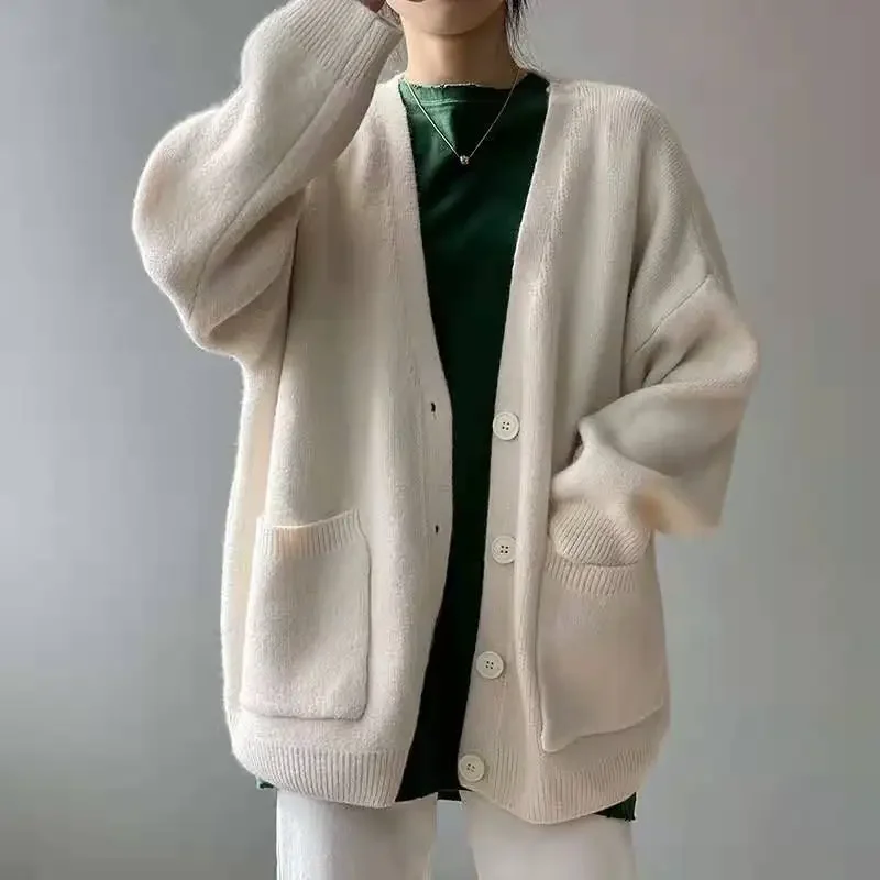 

Korean Loose Cardigans Casual Vintage Women Knitted Sweaters 2023 Autumn Fashion Long Sleeve Knitwear Female Solid V-neck Casual