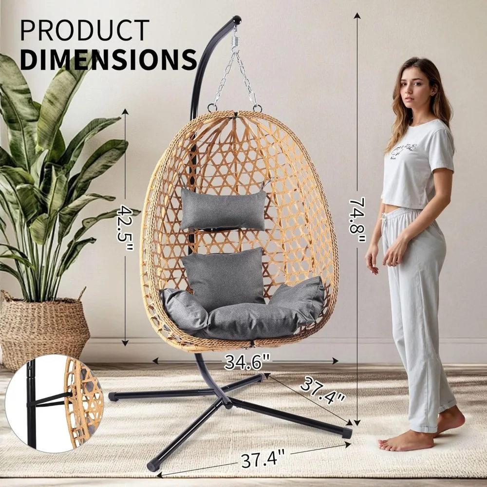 Egg Chair with Stand, Patio Wicker Hanging Chair, Hammock Swing Chair, 350LBS Capacity for Bedroom, Balcony, Garden 5