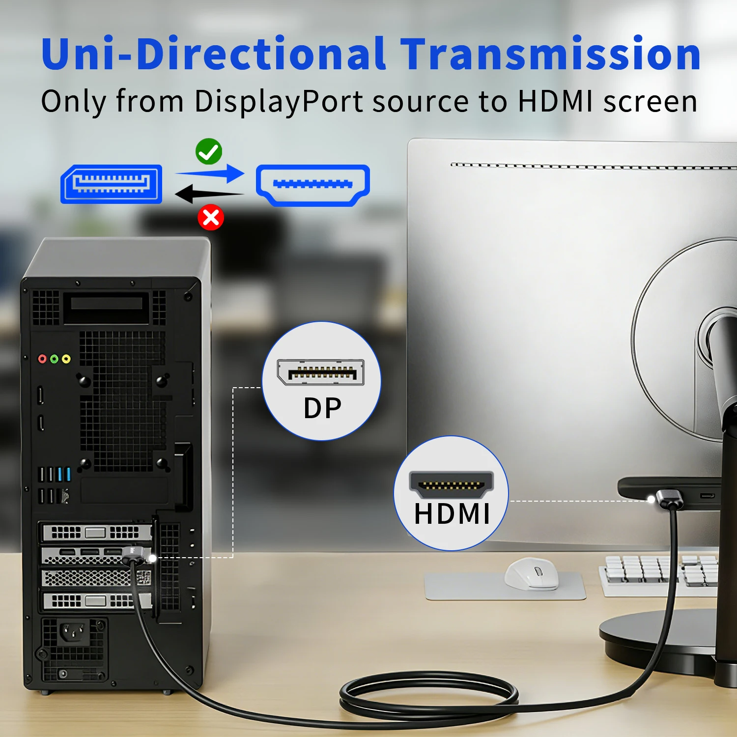 4K60Hz DisplayPort to HDMI Cable for Laptops, PCs, TVs, and Projectors