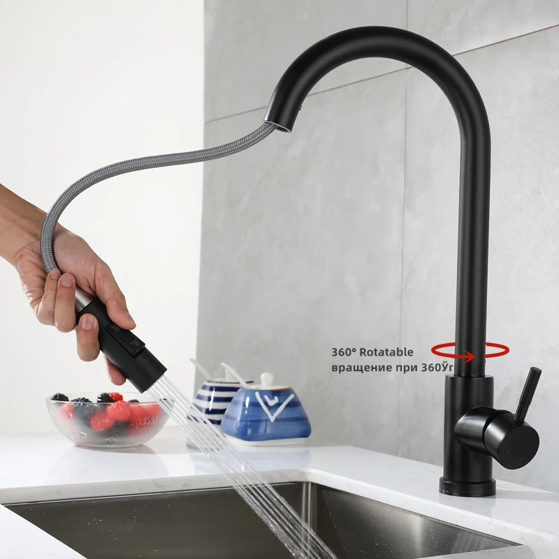 

Black Kitchen Faucet Two Function Single Handle Pull Out Mixer Hot and Cold Water Tap Deck Mounted Stream Sprayer Head