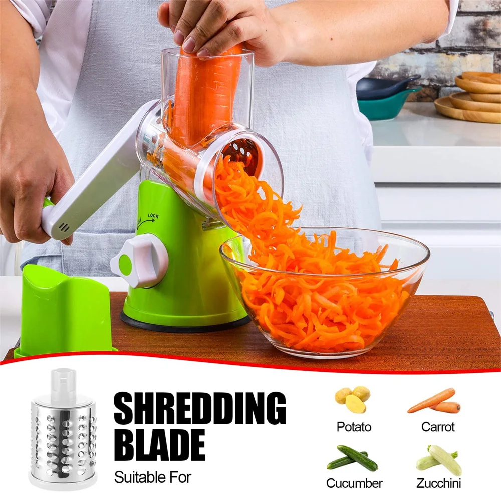 Red Cheese Grater Rotary Handheld with 3 Drum Blades, Grater Slicer  Shredder for Vegetables Carrots Nuts, Strong Suction, Easy to Use, Easy to  Clean