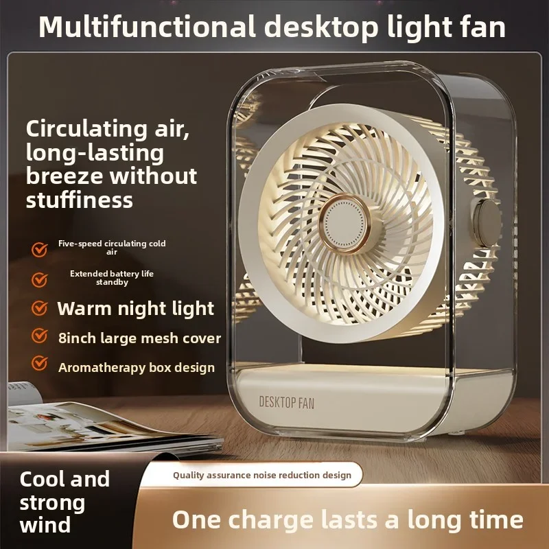 Mini ventilateur de bureau portable multifonctionnel avec veilleuse LED, 5 vitesses, orientable à 360° et rechargeable par USB._voghion.com