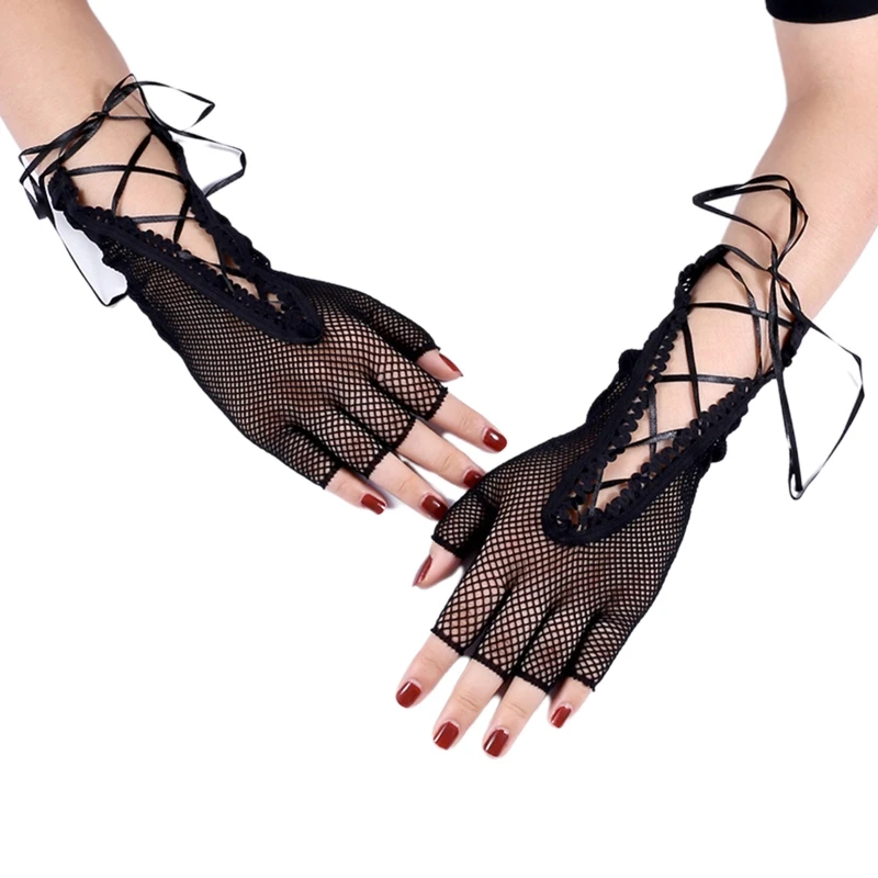 

Stretch Bandage Ropes Gloves Elastic Mesh Short Sleeve Gloves Nightclub Supplies