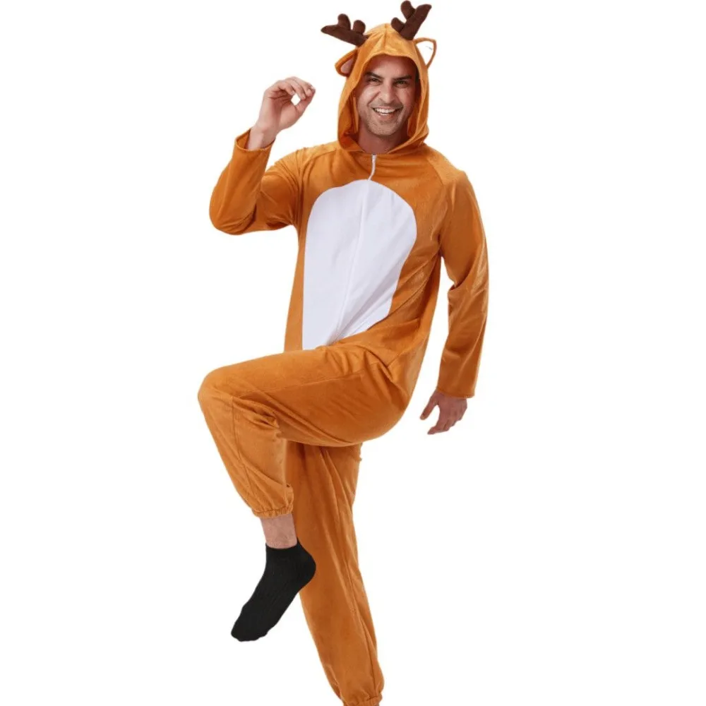 New Christmas Elk One-piece Suit Couple Men and Women Funny Party Stage Props Bar One-piece Pajamas Adult Onesie S068e7fb46b7a47b8b573753f512ddf390