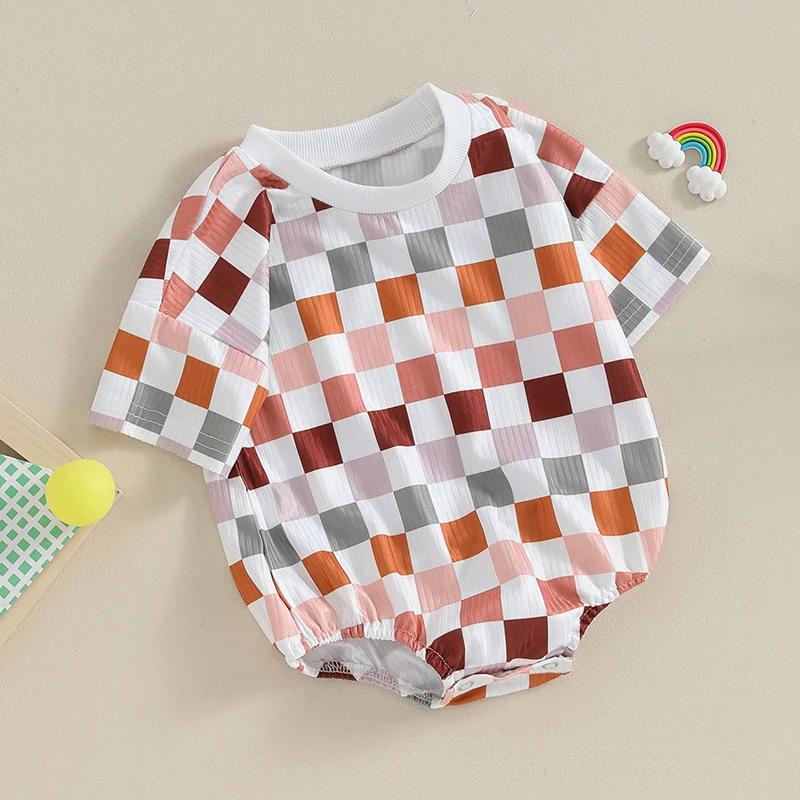 

Baby Girls Boys Summer Romper Short Sleeve Crewneck Checkerboard Print Casual Romper Jumpsuits Infant Clothing