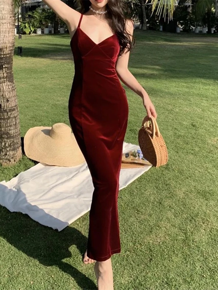 

Summer Women Sexy Veet Spaghetti Strap Bodycon Femme Split High Waist Midi Dress Evening Party Vestdios
