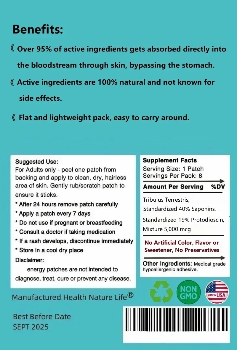 Bulgarian Tribulus Terrestris 5000mcg Testosterone Booster Transdermal Patches Patches Made in USA 8 Weeks Supply