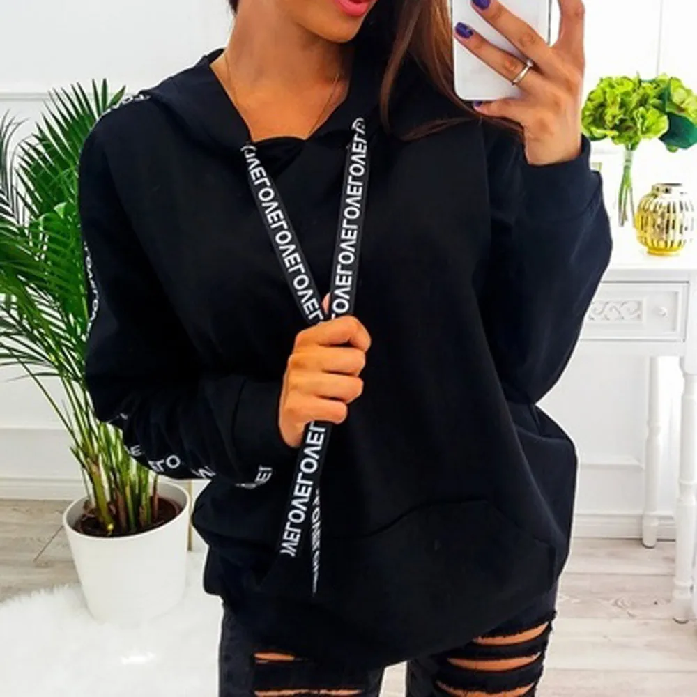 

Solid Hooded Womens Shirts Black Sleeve Long Tops Blouse Loose Pullover Korean Sweatshirt Workout Top Sportwear Drawstring