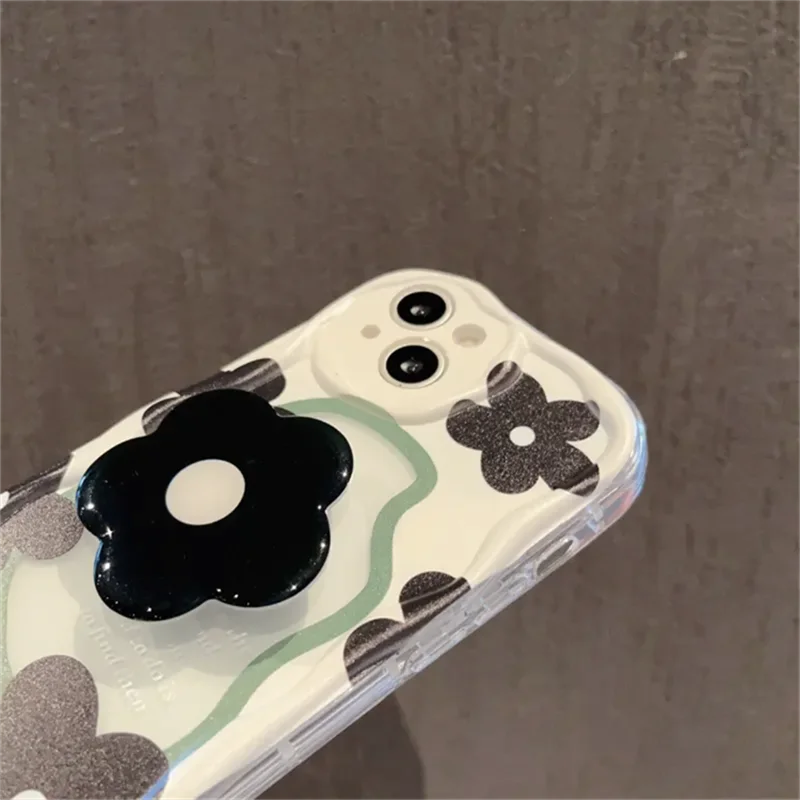 Retro Floral Flower Bracket Holder Phone Case - Silicone Wavy Edge Shockproof Design
