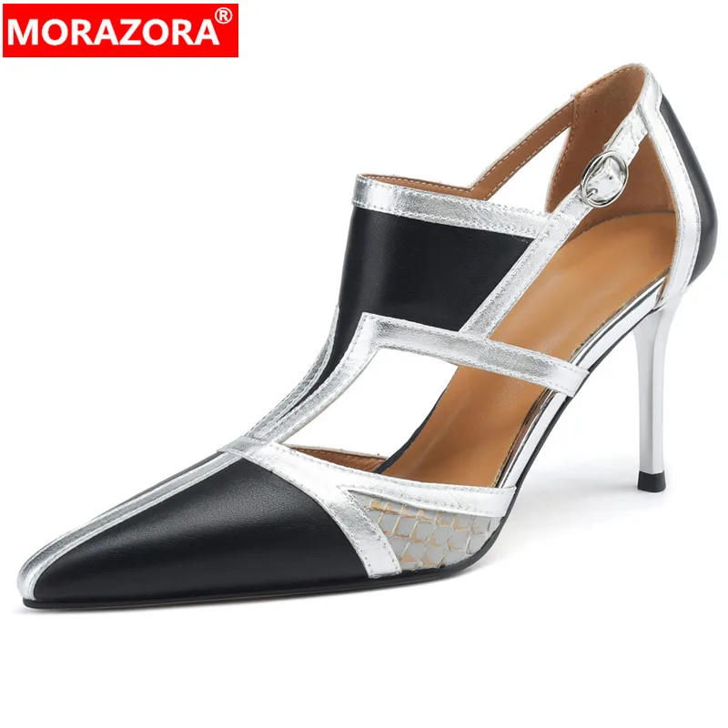 

MORAZORA 2023 New Snakeskin Leather Slingbacks Sandals Women Sexy Ladies Mixed Colors Buckle Shoes Thin High Heels Sandals