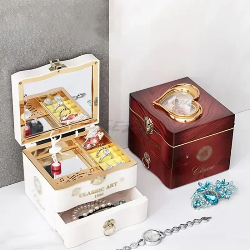 Classic Rotating Music Box Creative Dancing Girl Clockwork Jewelry Storage Box with Mirror Ornaments Birthday Christmas Gifts