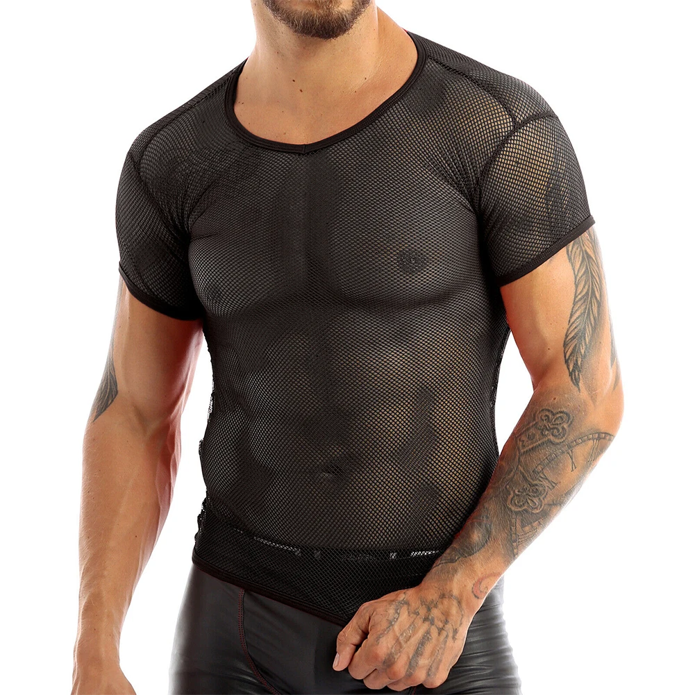 

Men Sexy Mesh T-shirts See Through Tops Man Short Sleeve Tee Transparent Fishnet Pullover Top 2023 Nightclub Wear Streetwear