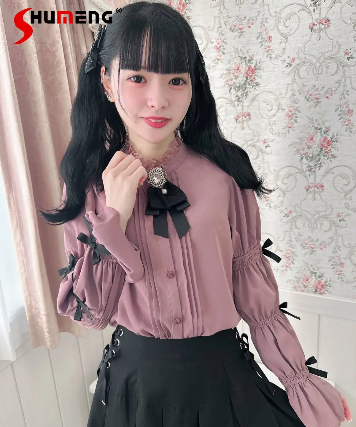 Japanese Rojita Sweet Girl Bow Shirt Women 2024 Spring and Autumn New Long Sleeve Patchwork Stand Collar Bottoming Blouse Female