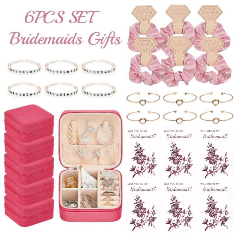 

6 SET Travel Jewelry Case Bridesmaid Gifts Box Bachelorette Hair Ties Bridesmaid Bracelets Gift Cards Wedding Party Favors