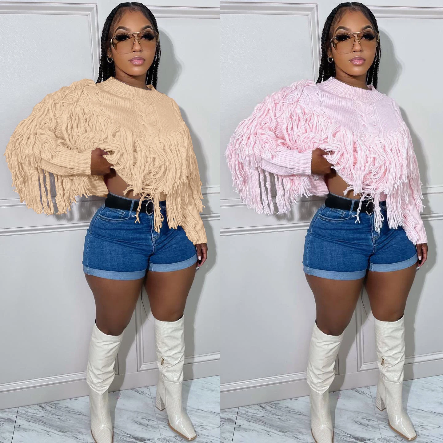 

Knitted Sweaters Crochet Fringe Top Women Pullover 2022 Winter Streetwear Clothes Casual Tops Sweatshirts Cropped Tassel Sweater