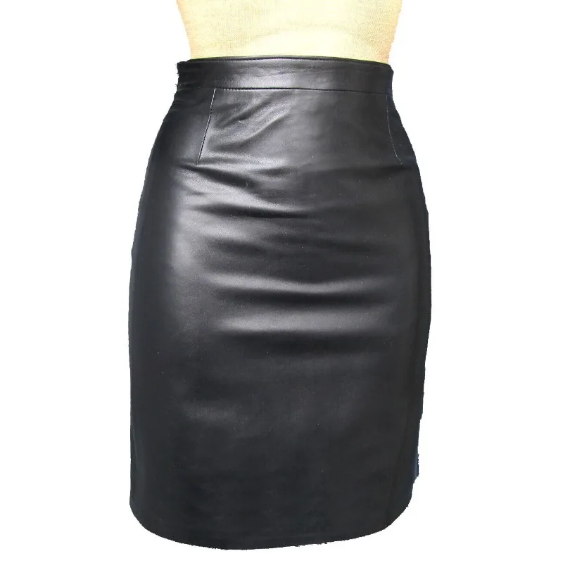 Women's Authentic Genuine Sheepskin 100% Leather Skirt with Fashionable and Soft Black Middle Knee