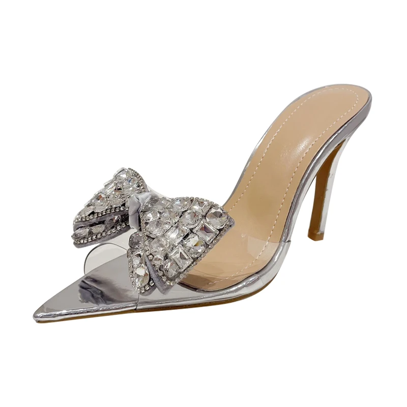 Pointed Rhinestone Bow Women's Slippers Sandals Summer Stiletto High Heels Slip On Slides Party Shoes For Women Transparent PVC