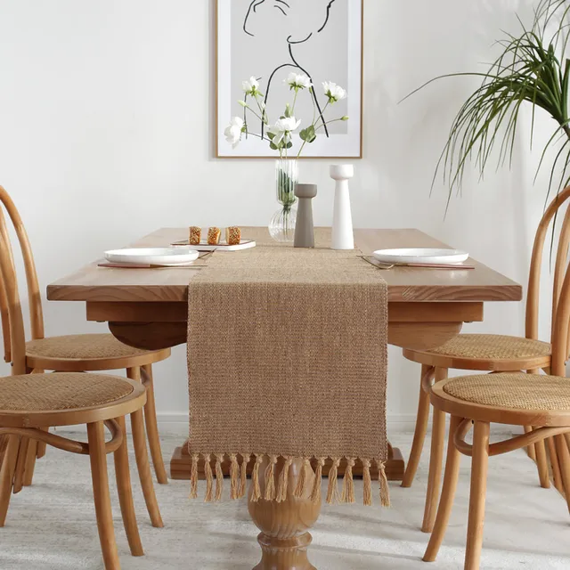 Natural Jute Table Runner with Tassels Rustic Farmhouse Boho Table Runner for Home Dining Table Decor Bohemian Wedding Decor 5