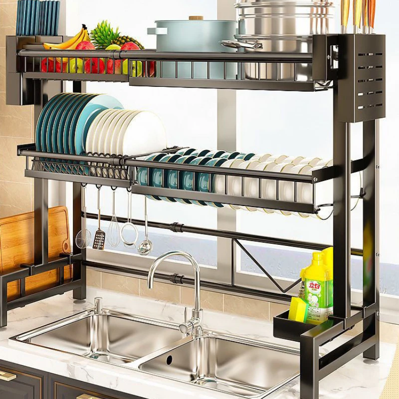 Over Sink Stretchable Storage Shelf Bowl Draining Rack Multifunctional Dish Utensil Organizer Set Adjustable Kitchen