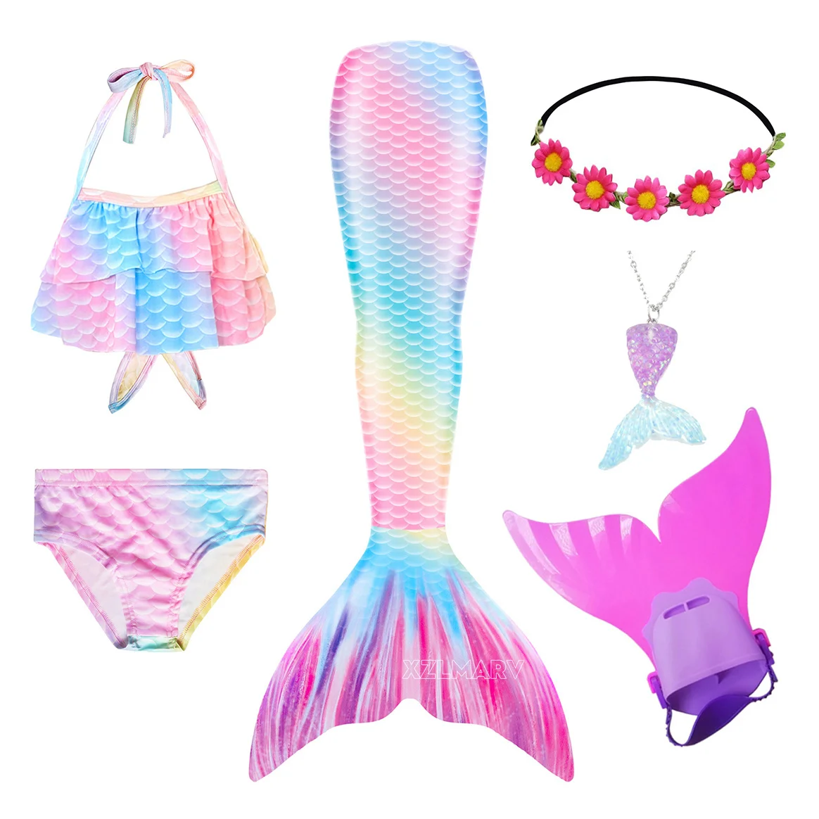 6Pcs/set Kids Girls Swimming Mermaid tail Monofin Fin Mermaid Costume Cosplay Children Christmas Gift Fantasy Swimsuit