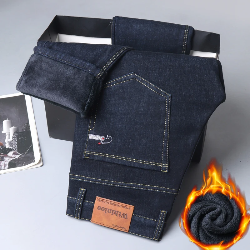 Winter Jeans Men's Fleece-lined Warm Business Men's Classic Loose Casual Elastic Straight All-Matching Thickened Pants 2
