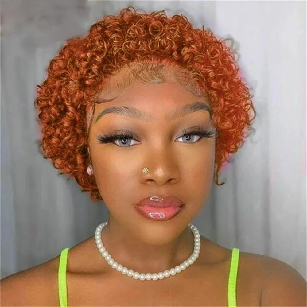 Highlight Short Pixie Cut Wig Transparent Lace Frontal Wig Short Curly Human Hair Wigs For Black Women Deep Wave Lace Front
