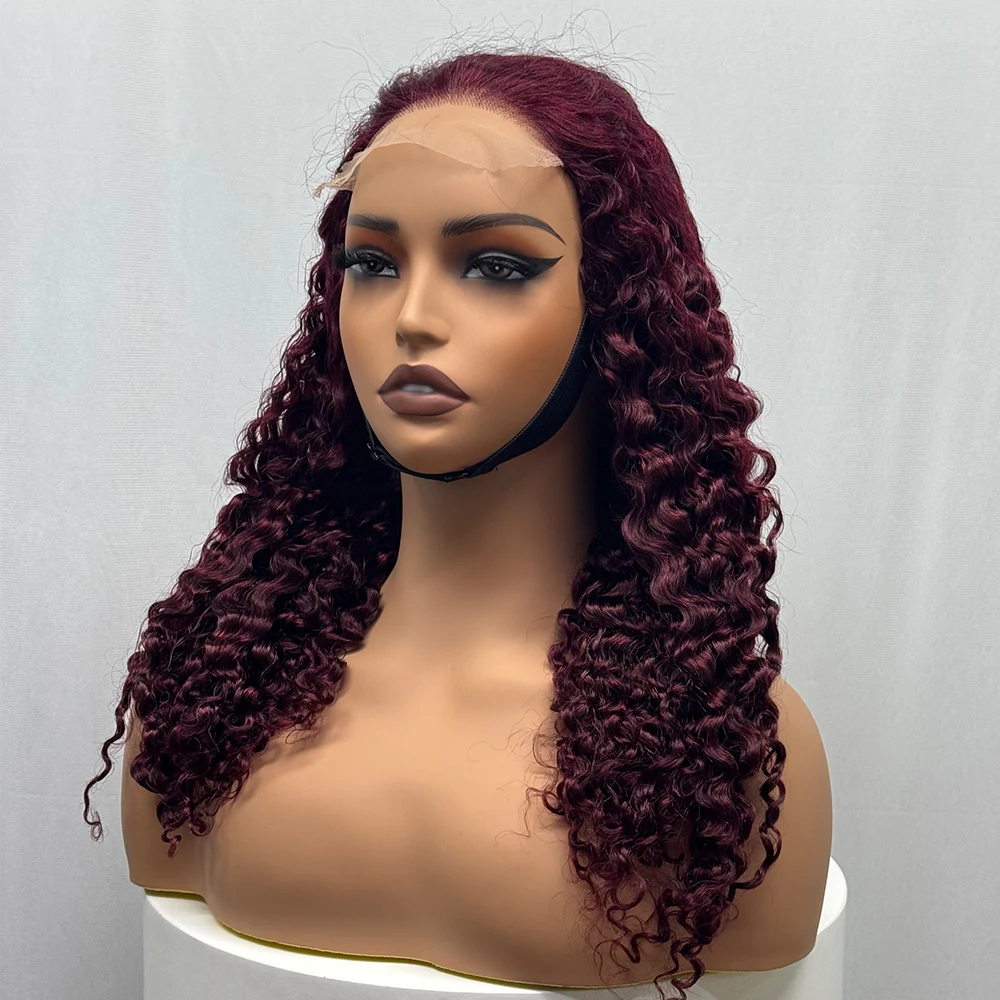 300% Density 5x5 Lace Burmese Deep Curly Hair Wig 99J Double Drawn Human Hair Wig Transparent Lace Front Wig for Black Women