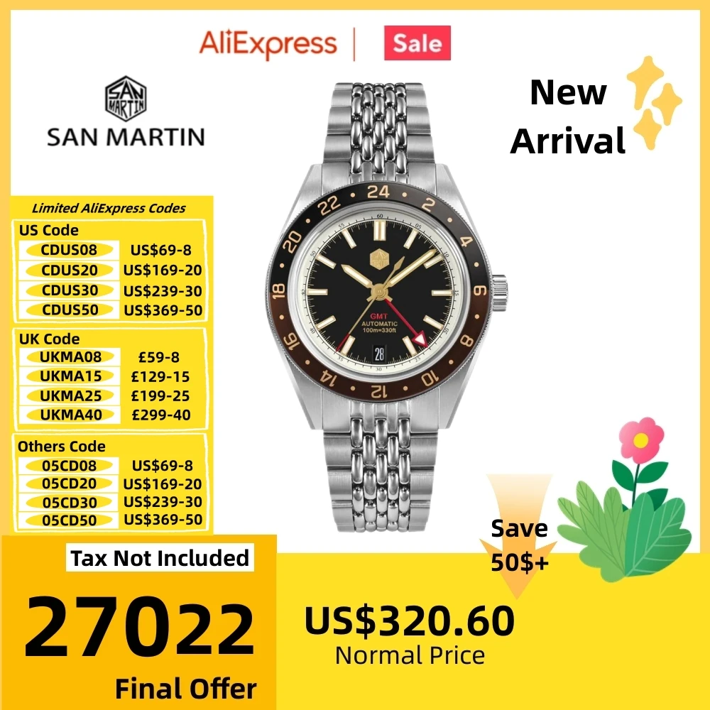 

San Martin 39.5mm Fashion Aluminum Bezel Men's GMT Watch NH34 Automatic 6H Date Automatic 10Bar BGW-X1 Lume Reloj SN0116-4