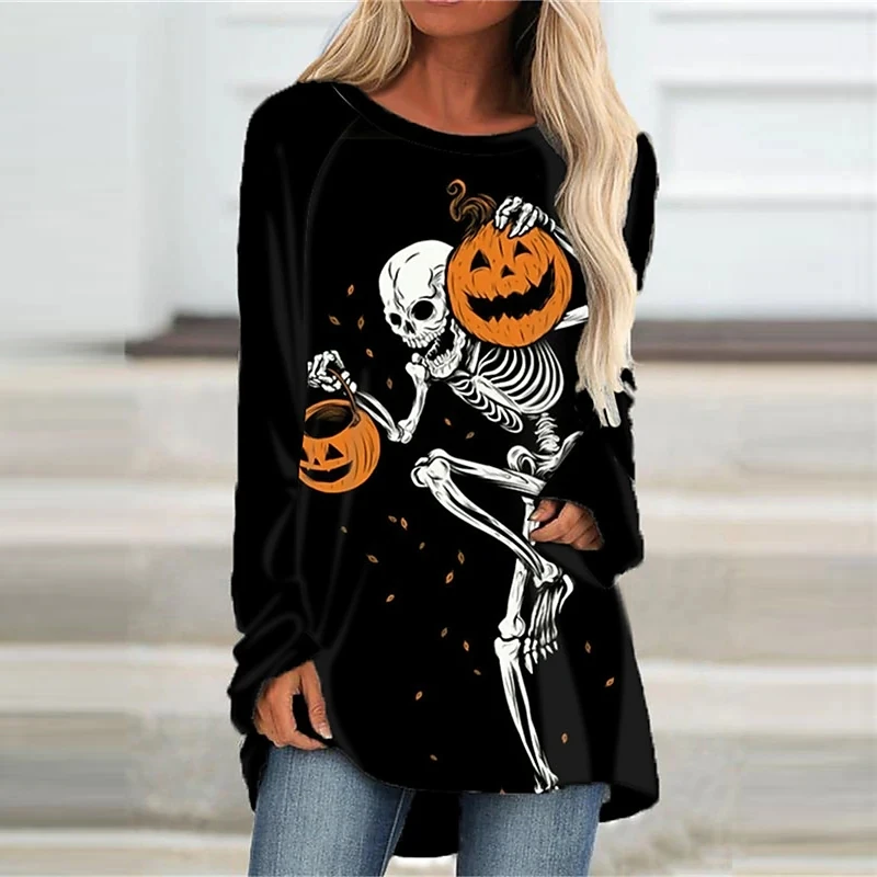 

2023 Women's Tops T-shirt Skeleton Halloween Pumpkin Painting Print Weekend Long Sleeve Round Neck Basic Essential S-5XL