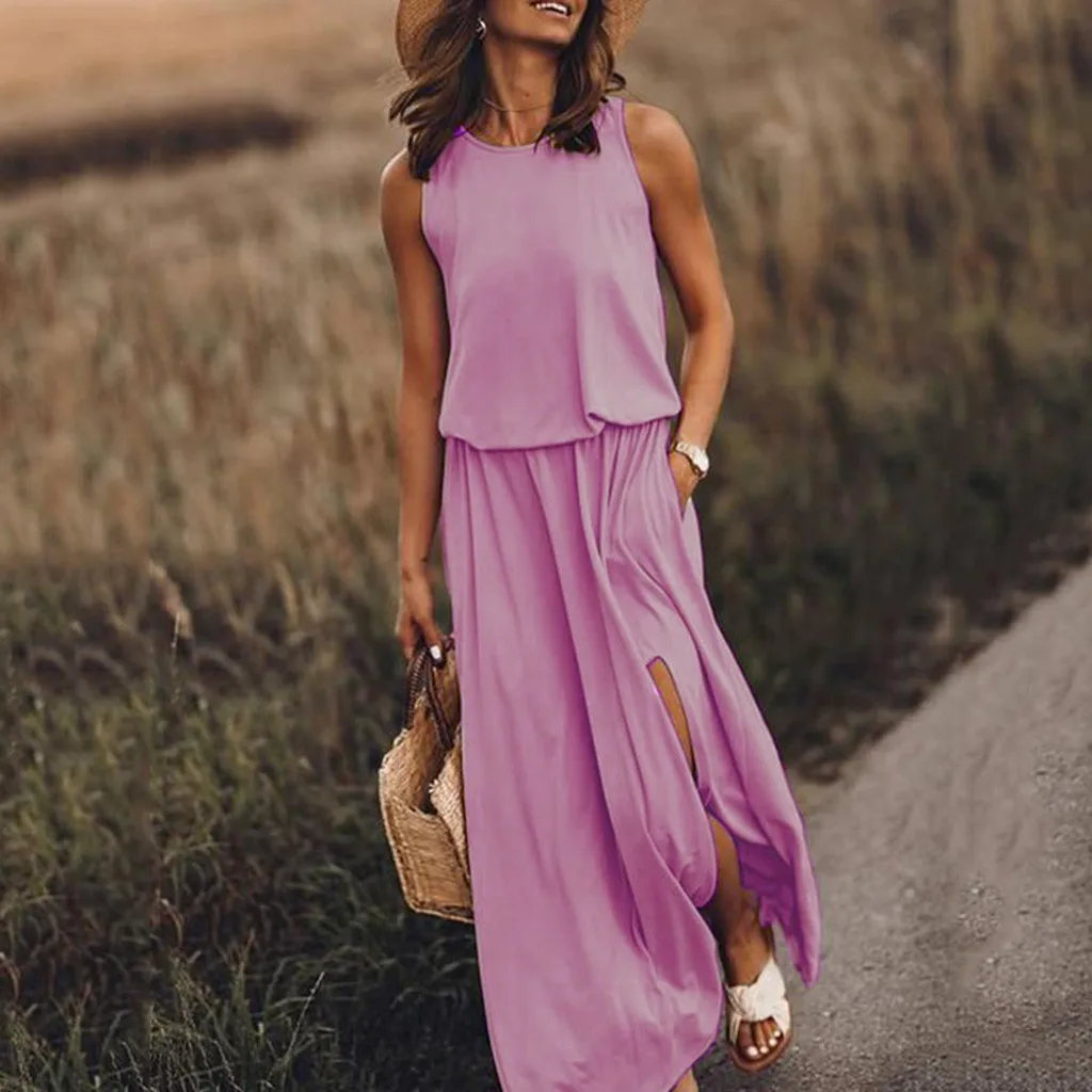 

Women Solid Color Dress O-Neck Sleeveless Split Hem Loose Elegant Dresses Summer Ankle Length Vacation Streetwear Vestidos Jupe