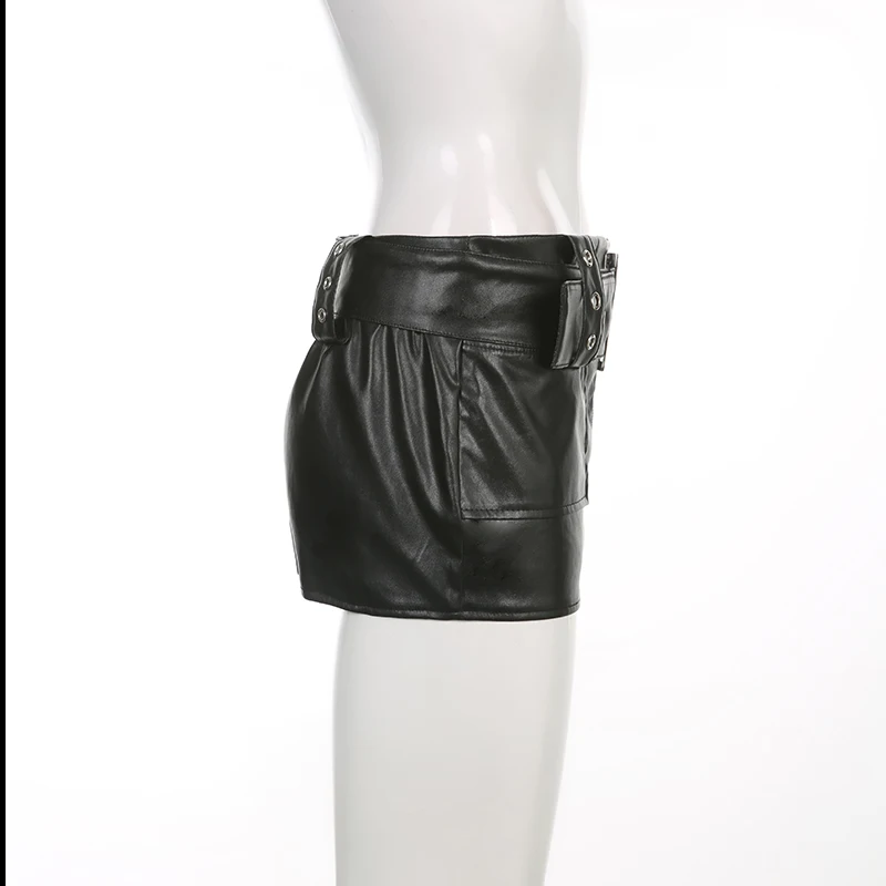 IAMSURE Sexy Slim Pu Leather Skirt Below The Navel With Sashes Cool Retro Zipper Mini Skirts Women 2022 Summer Streetwear Ladies