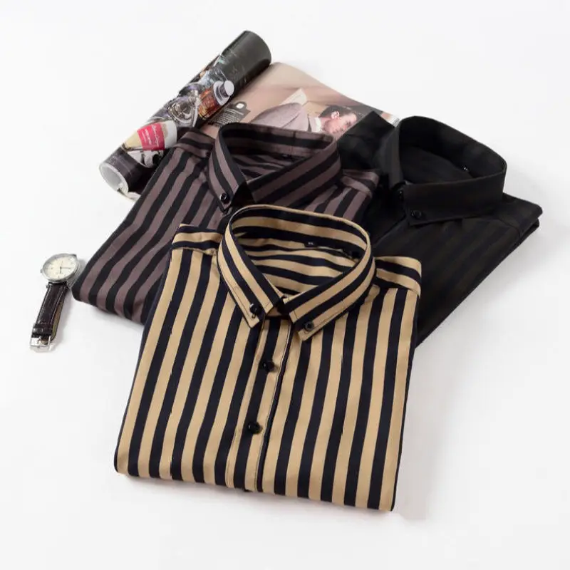 2024 Spring and Autumn Fashion Trend Casual Business Minimalist Buckle Neck Stripe Print Slim Fit Oversize Long Sleeved Shirt