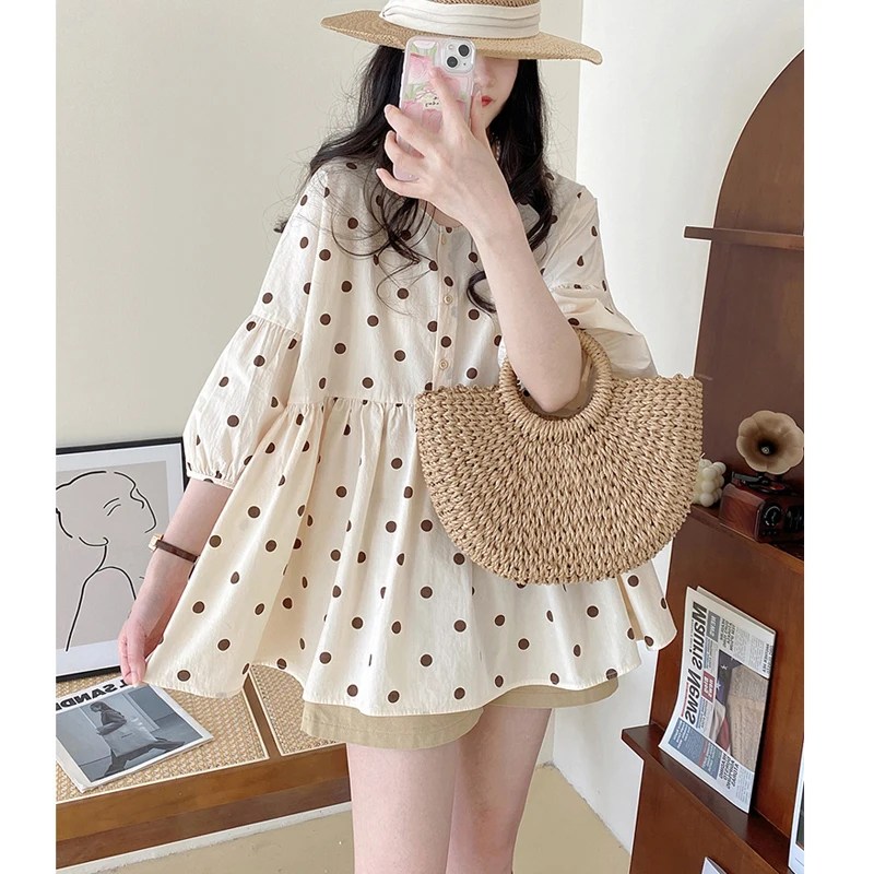 Korean Style Summer O-Neck Half Sleeve Maternity Polk Dot Shirts Plus Size Pregnant Woman Cotton Linen Blouses Pregnancy Clothes