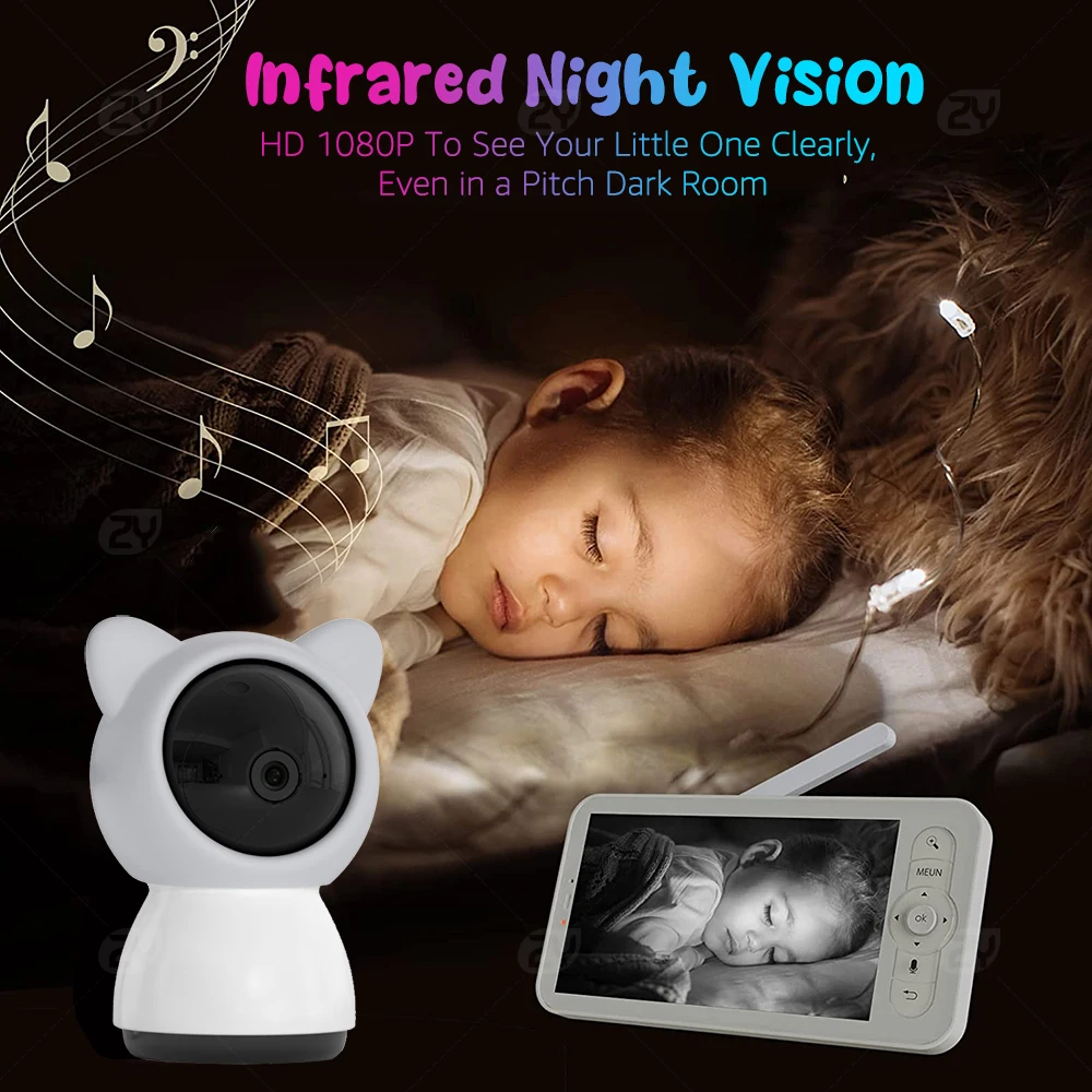 WiFi-babyfoon met APP, 5-inch 720P-scherm, 1080p-camera, HD-nachtzicht, Pan Tilt Zoom op afstand, 2-weg praten, gratis smartphone-app, 3000mAh-batterij, 1000ft