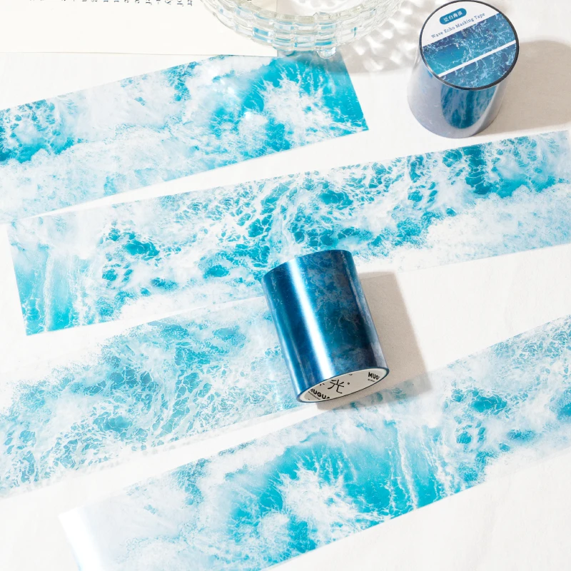 2M/Roll 5cm Sea Wave PET Tape Laser Blue Masking Tapes For Sticker Scrapbooking Journal Aesthetic Stationery Supplies 3