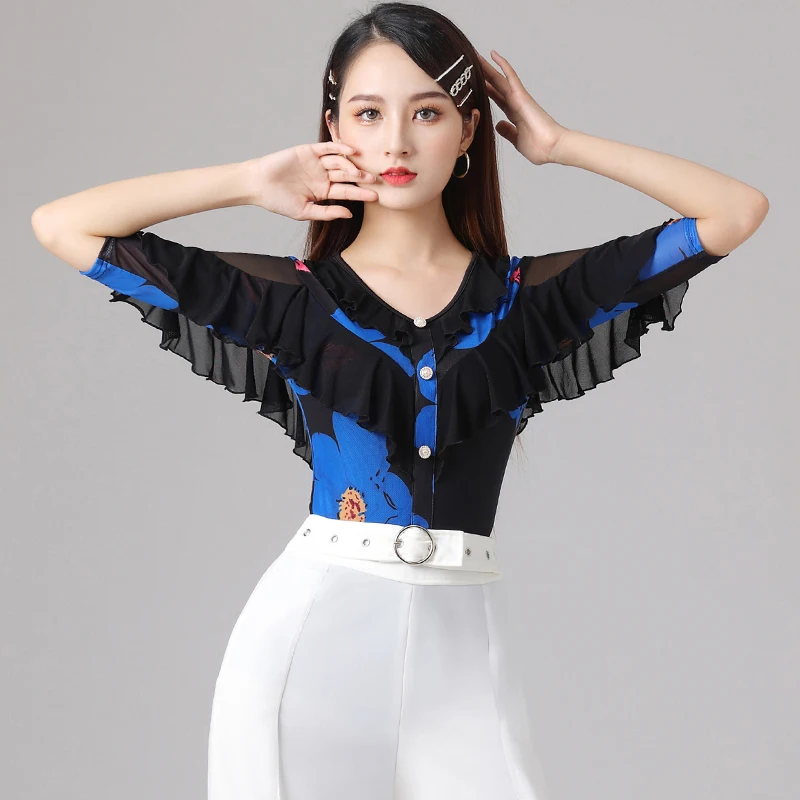 

Сетчатые топы для латиноамериканских женщин, Цветочная одежда для бальных танцев, тренировочный костюм, современная одежда для танго, танго, YouTube DL9452