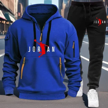 2025 model men's zipper hooded sweatshirt and sports pants set, autumn and winter sport wear, gym sports wear, casual street