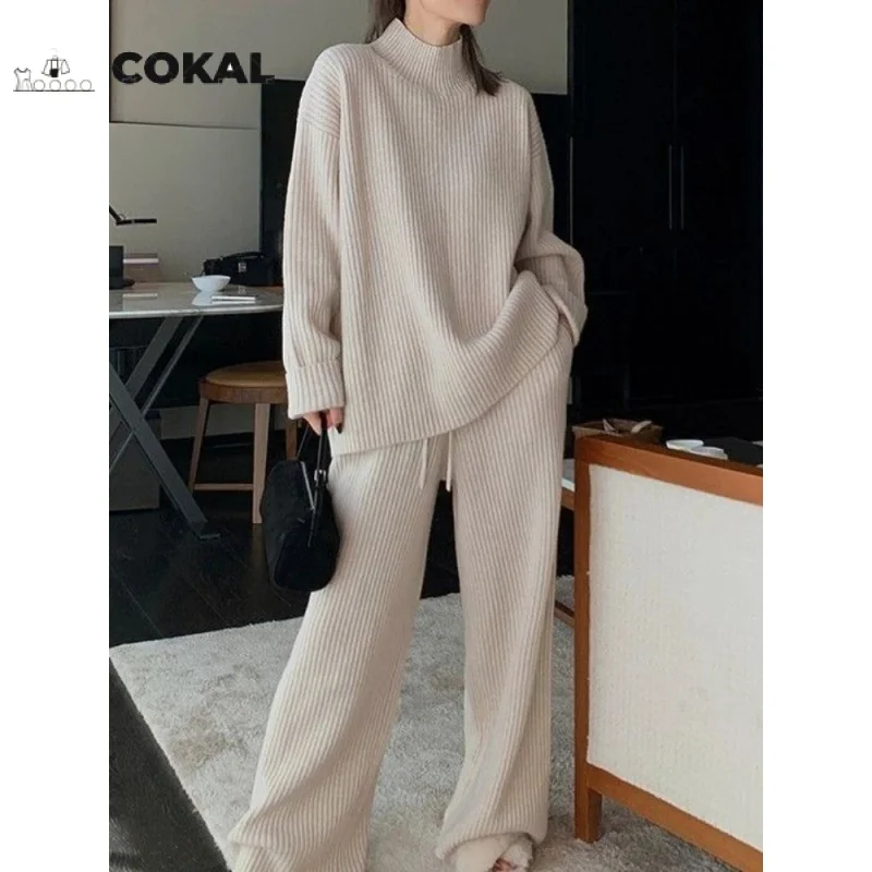 

COKAL Autumn and winter ladies loose casual trend personality knit solid color new sweater soft warm two-piece set for women