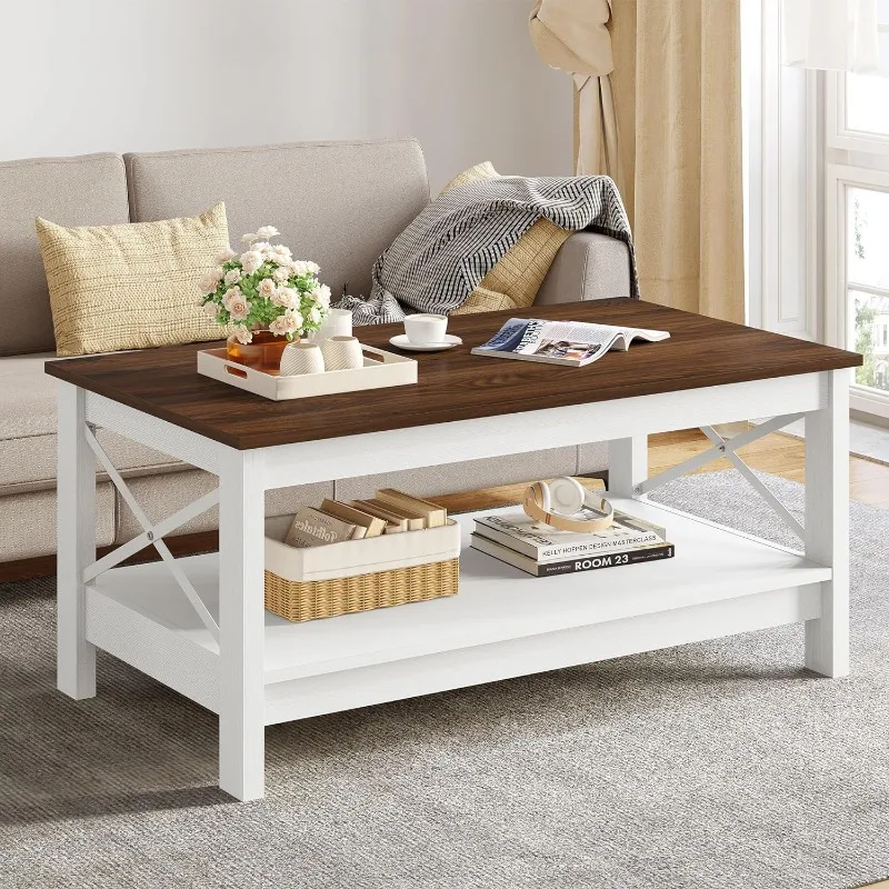 

Farmhouse Wood Coffee Table with Storage, 2 Tier Living Room Center Table, Cocktail Center Table with Sturdy Frame