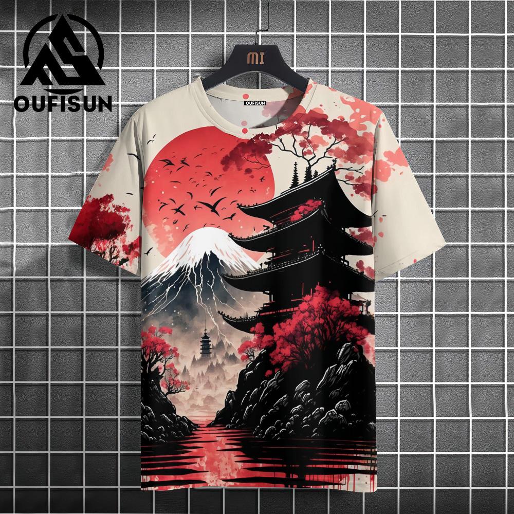 Japanese Style Men's T-Shirt Warrior Pattern Printed T-Shirts Casual Loose Short Sleeved Tees Oversized Men Clothing Tops Summer