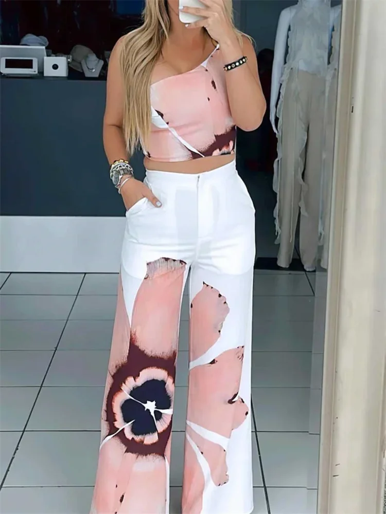 Wmstar Women Two Piece Set Casual Floral Print One Shoulder O Rings Crop Tops Wide Legs Pant Vacation Clubwear Tracksuit Set