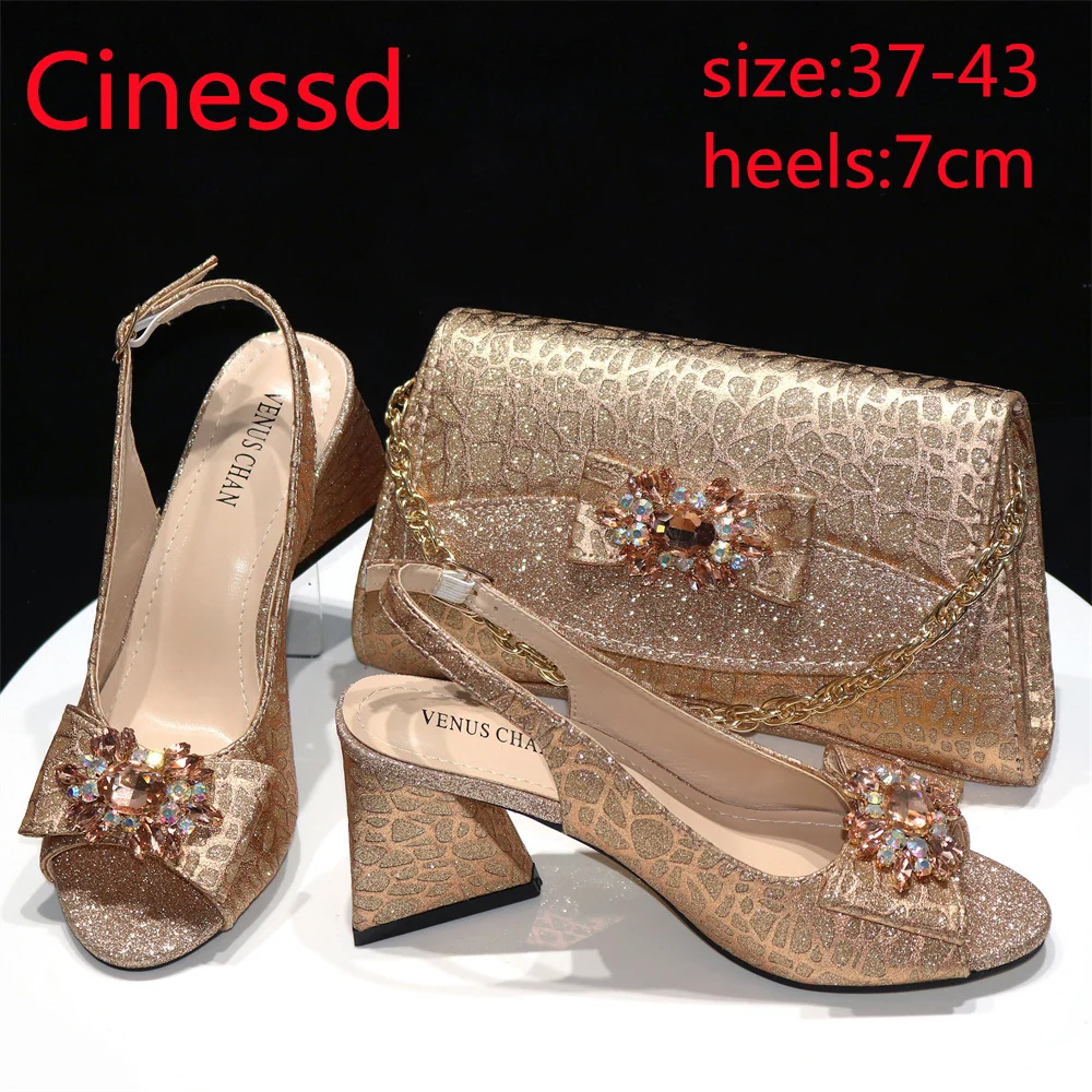 

Cinessd Sandals with Platform Elegant Italian Women Shoes Matching Bag Set in Peach Color for Wedding Party