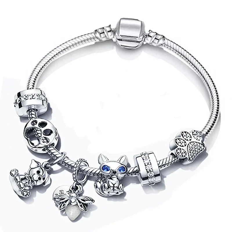 

+New Arrival Silver Plated Charm Bracelet For Women With Crystal Beads Pandents DIY Fashion Brand Cute Animal Pet Jewelry Gift