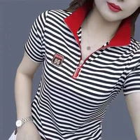T-shirts Red Striped Women's Polo Baggy Clothing Trend 2025 Synthetic Summer Female Tee Youthful Elegant New Korean Cheap Tops - Image 4