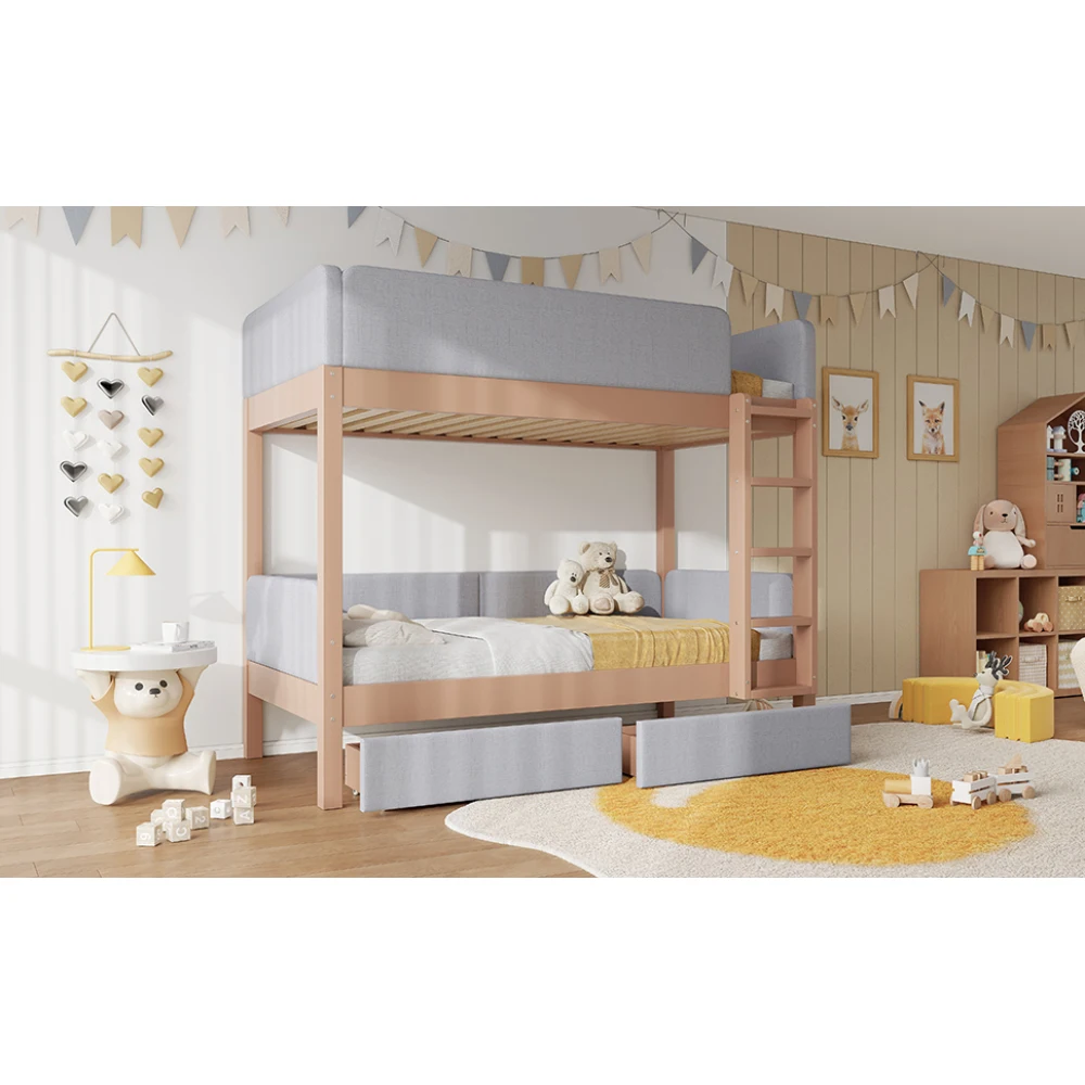 90x200cm Etagenbett, Babybett, weicher Anti-Kollisions-Schaumstoffrand, viereckige gerade Treppe, mit 2 Schubladen, stabiles Lattenrost – Detail 12