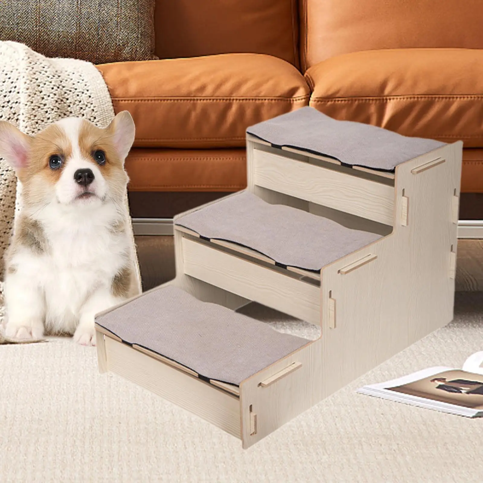 Wooden Pet Stair with Carpet Stable Easy Climb Non Slip Puppy Pet Step