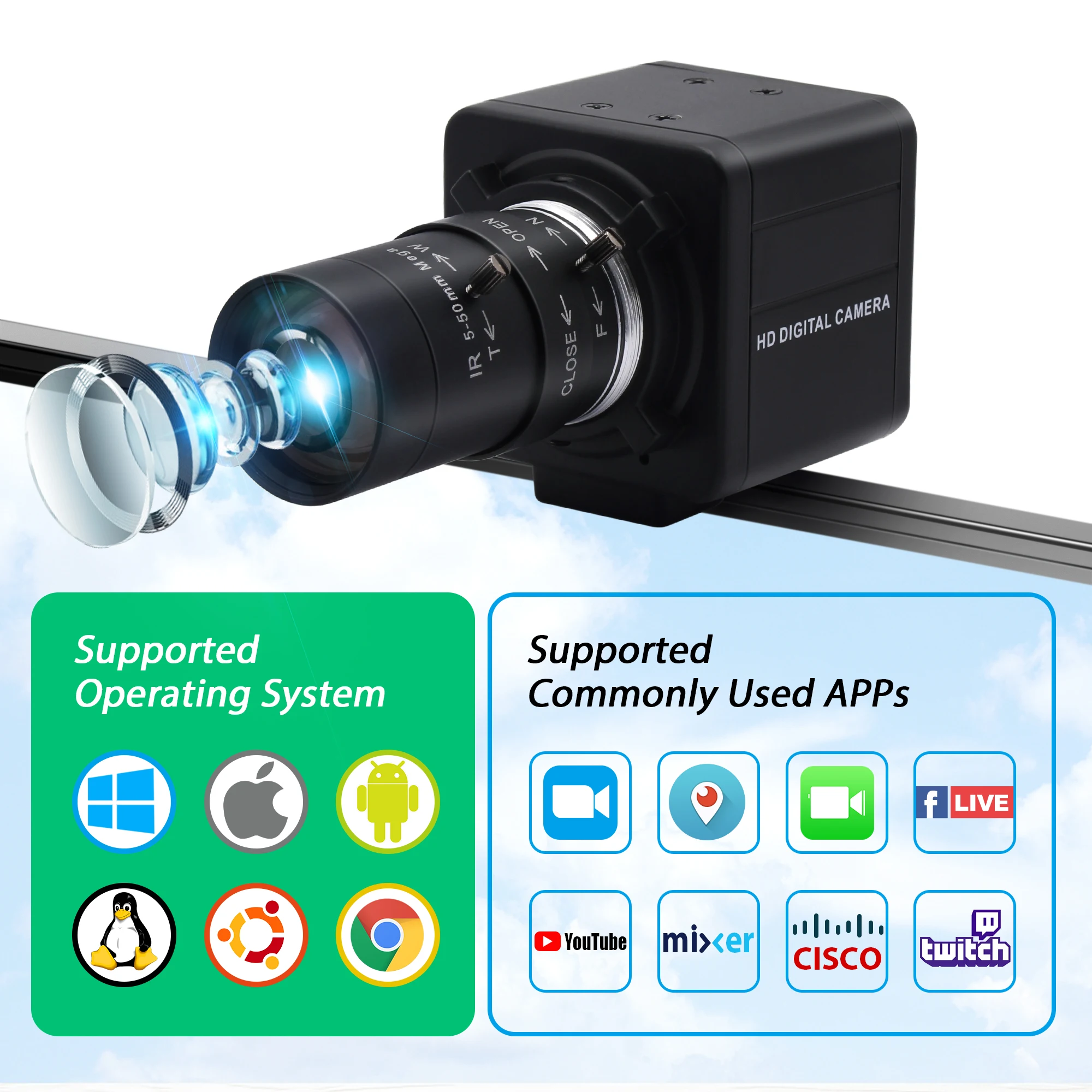 ELP 4K 가변 초점 USB 카메라, IMX415 CS 마운트 렌즈, 울트라 HD 프리 드라이버, 10x 광학 수동 줌, 화상 회의용 미니 웹캠