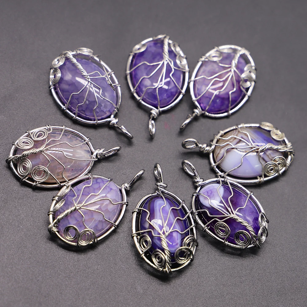 Fashion Natural Gem Stone Pendant Necklace Silver Color Tree of Life Wire Wrap Egg Shape Charm Reiki Onyx Jewelry Wholesale 6Pcs