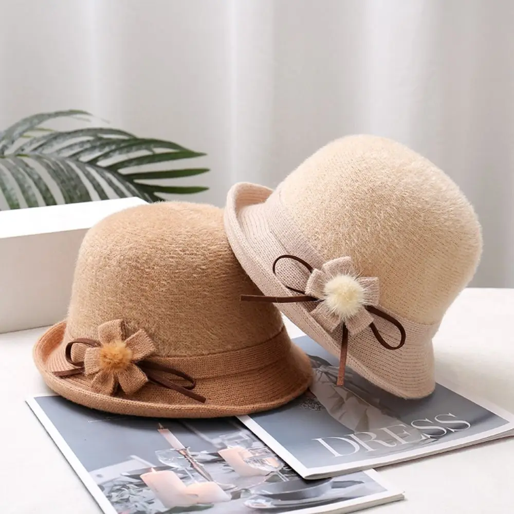 

Woolen Casual Basin Hat Retro Autumn Winter Flower Hair Ball Elderly Fisherman Hat Adjustable Dome Hat