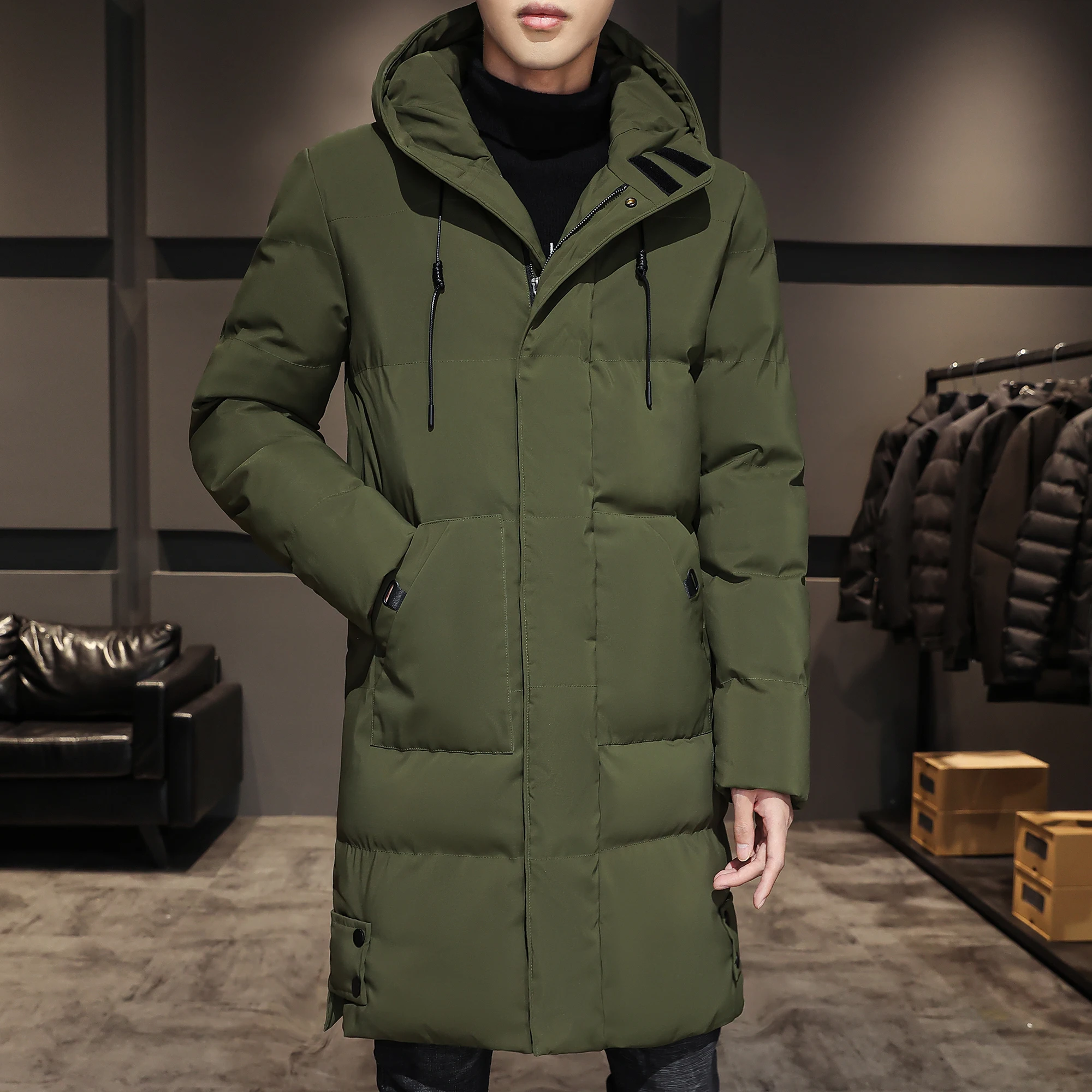 Long Cotton-padded Coat Warm Simple Solid Color Thin Look